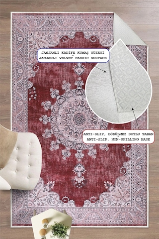 Kilim Desenli Baskılı Kaymaz Yıkanabilir Salon Oturma Odası Mutfak Antre Halısı Yolluk Bordo