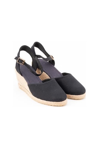 Star Tombis Gerçek Elişi Topuğu Açık Bilekten Bantlı 5cm Dolgu Topuk Siyah Keten Hasır Espadril Handmade Siyah