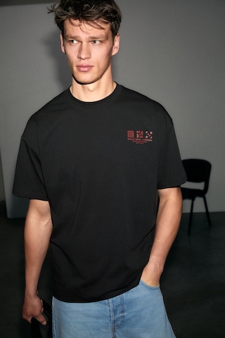 Grımelange Antonıo Erkek Baskı Detaylı %100 Organik Pamuk 3 İplik Örme Oversize Siyah T-shirt