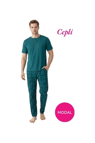 Guava Erkek Modal 3 Düğmeli Ekose Desen Pamuk Likra Kısa Kol Cepli Pijama Takımı Yeşil