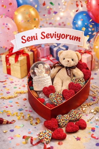 Aşk Dolu Hediye Kalp Kutuda Melek Kar Küresi & Ayıcık & Jelibon Şeker Sevgililer Günü Hediye Seti