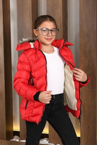Lasgaris Jeans Kız Çocuk Kürklü Kapüşonlu Şişme Mont Kırmızı