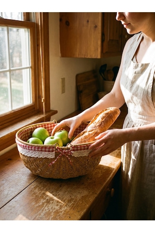 Piknik Sepeti Oval Hasır Detaylı 38 Cm Krem