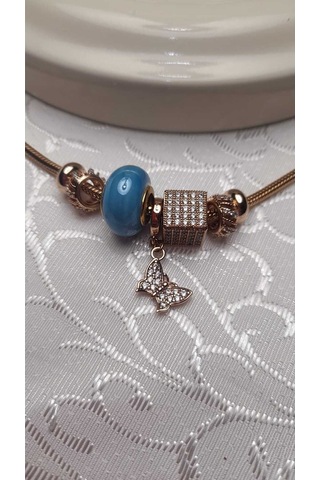Uzel Xuping Gold Altın Renk Küp Taşlı, Mavi Boncuklu, Taşlı Kelebek Charmlı Çelik Bileklik Mavi