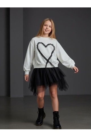 Kız Çocuk Oversize Kalp İşlemeli Tasarım Sweatshirt-16469 Ekru