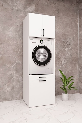 Mdf Çamaşır Makinesi Dolabı Sepetli Beyaz