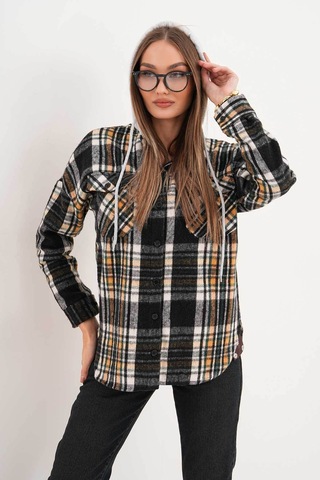 Polologin Butik Kadın Siyah Beyaz Sarı Çizgili Kapşonlu Gömlek Siyah