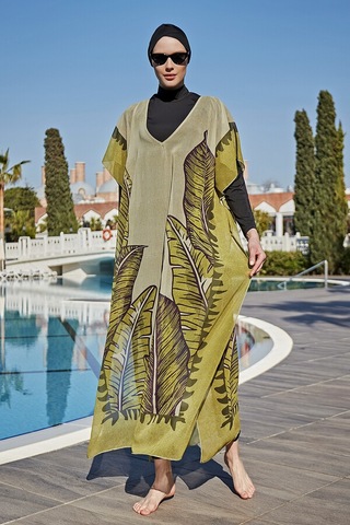 Remsa Mayo Remsa Tesettür Mayo Üzerine Tasarım Tek Kaftan Pareo Rdp001 Dev Yapraklar Yeşil