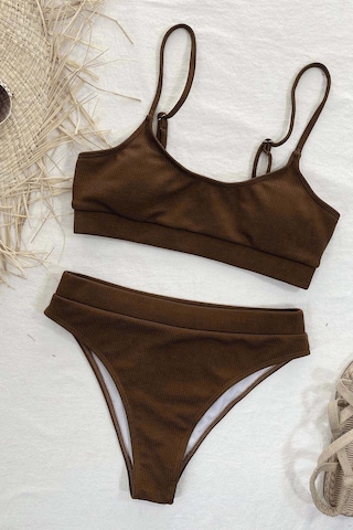 Angelsin Yüksek Bel Fitilli Kumaş Bikini Altı Kahverengi