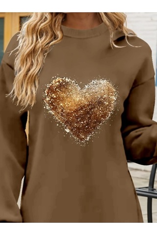 Kadın Uzun Kollu Bisiklet Yaka Kalp Desenli Viskon Iki Iplik Bluz Antrasit Melanj