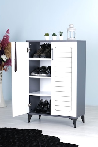 Luna 2 Kapaklı 4 Bölmeli Modern Ayakkabılık - Beyaz / Antrasit