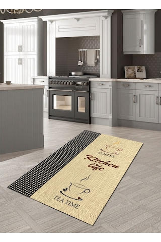 Kitchen Life Yazılı Kaymaz, Dökülmez Deri Taban Mutfak Halısı