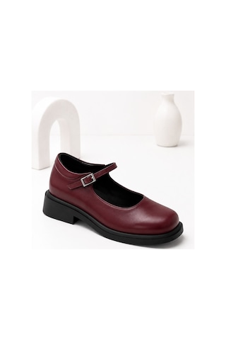 Dabab Shoes Berlın Kadın Bordo Cilt Mary Jane Yuvarlak Burun 2 Cm Kalın Taban Tokalı Babet Loafer Ayakkabı