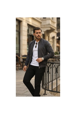 Butik İstanbul Erkek Önden Fermuarlı Içi Astarlı Süet Ceket Antrasit