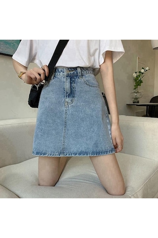 Açık Mavi Yaz Retro Basit Yüksek Bel Kot Etek Kadın Evaze Elbise Moda Yarım Uzunlukta Rahat Kısa Kot Pantolon Etek Açık Mavi