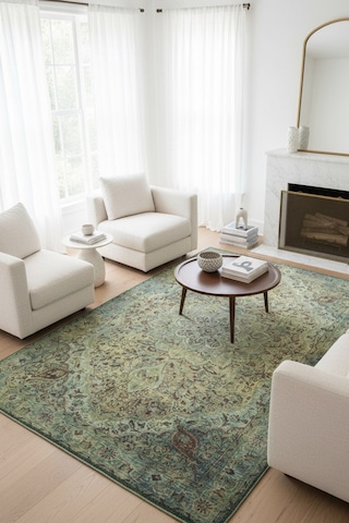 Blues Vintage Desenli Dokuma Taban Dekoratif Yeşil Halı Al 23 Renkli