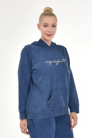 Kadın Büyük Beden İtalyan Yıkama Lacivert Kapşonlu Sweatshirt Lacivert