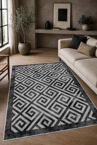 Gri Geometrik Desen Baskılı Yıkanabilir Kaymaz Taban Salon Oturma Odası Antre Halısı Yolluk