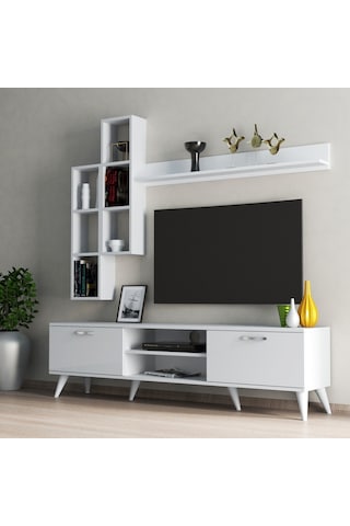 Mega 180 Lik Kitaplıklı Raflı Tv Ünitesi Beyaz - Tvu0301