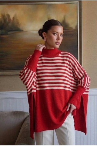 Onno Style Women Çizgili Standart Beden Triko Kadın Panço Kırmızı