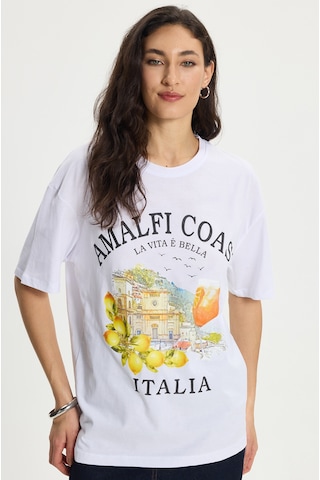 Tudors Kadın Oversize Geniş Kesim %100 Pamuk Bisiklet Yaka Kısa Kollu Baskılı Beyaz Tişört-50351