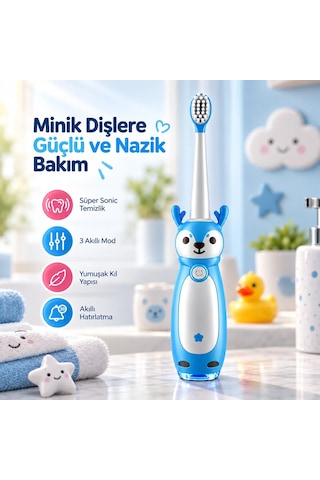 Venandın Pofidik Sevimli Geyik Tasarımlı Çocuk Sonic Elektrikli Diş Fırçası Usb Şarjlı - Yumuşak Kıl