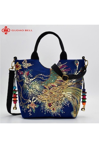 Parlak Payetler Tavuskuşu İşlemeli Kadın Kanvas Tote Çanta, Yaz Alışveriş Omuz Çantası Vintage Boncuklu İpli El Çantası Basit,normal Blue3 Çok Renkli