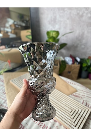 Diamond Desenli Kristal Cam Vazo - 28x15 Cm Hediyelik Lüx Vazo Modern & Lüks Dekoratif Büyük Boy Vazo Şeffaf