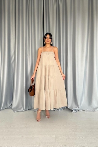 Taş Askılı Parçalı Müslin Elbise Altın