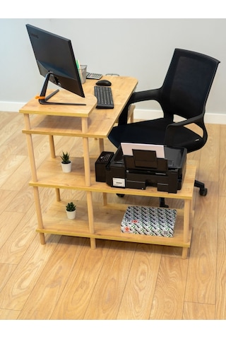 Çalışma Masası 5 Raflı Ahşap Ayaklı Dekoratif Modern Bilgisayar Ofis Masası - Safir Meşe-köşe