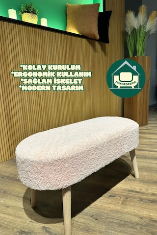 Paris Retro Ahşap Ayaklı Geniş Oturum Alanlı Oval Bench Puf Pembe