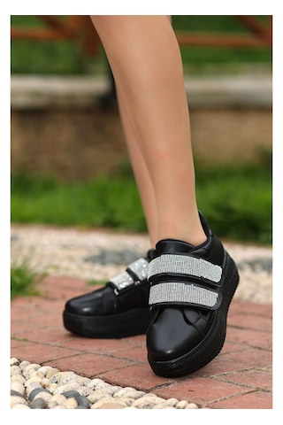 Siyah Renk Cilt Deri Cırtlı Detaylı Kadın Günlük Ayakkabı Tarzjxr Siyah