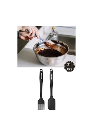 Silicolife Spatula Ve Fırça Seti, Isıya Dayanıklı Yanmaz Yapışmaz Silikon Spatula Ve Yumurta Fırçası 2 Li Set Siyah