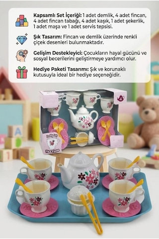 Çay Vakti Fincan Setim 17 Parçalı Çiçek Desenli 4 Fincalı Ve Çaydanlıklı Evcilik Oyun Seti 1