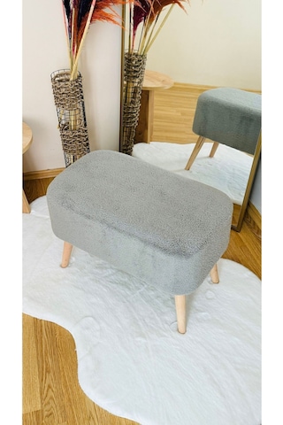 Ahşap Ayaklı Teddy Kumaş Dikdörtgen Dekoratif Puf Bench Gri