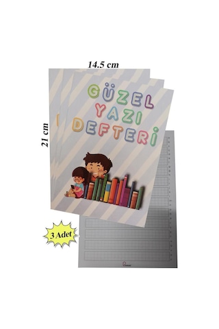 Güzel Yazı Defteri Küçük Boy 14,5x21 Cm 24 Yaprak 3 Adet Klavuzlu Standart Çizgili Yazı Defteri Dik Temel Harflerle 1. Sınıf