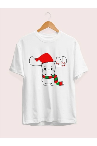 Efnaz Style Yılbaşı Noel Ren Geyiği Baskılı Kısa Kollu Oversize Bisiklet Yaka T-shirt - Beyaz