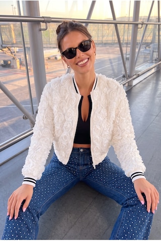 Weshaya New Collection Kadın Yeni Sezon, Beyaz, Gül Süzüneli, Fermuarlı Ceket Mont