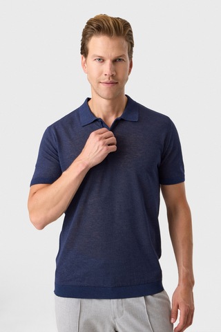 Back And Bond Regular Fit Lacivert Düğmeli Yaka Keten Karışımlı Triko