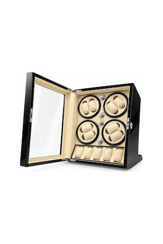 Watch Winder Brooklands Collection 8 Slotlu Ultra Sessiz Otomatik Saat Kurma Kutusu +5 Muhafaza Alanlı, Piano Siyah & Alcantara Krem