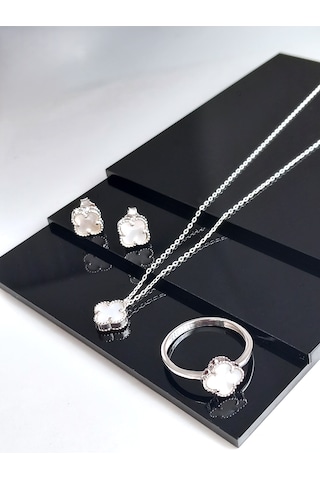 Gümüş Beyaz Yonca Van Clef Sedef Taşlı Kolye Küpe Yüzük