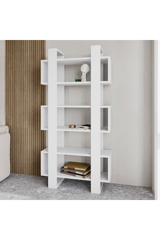 Milano Kitaplık, Raflı Kitaplık, Kütüphane, Çalışma Odası, Ev-ofis, Beyaz - Beyaz Beyaz