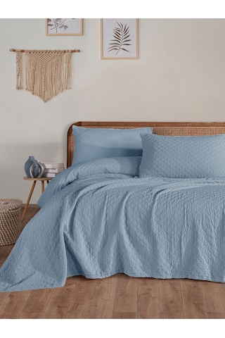 Cambrıdge Yatak Örtüsü Seti Çift Kişilik Mavi Kutulu Mavi