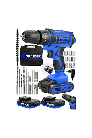 Graizer Hybrid 58V 5Ah Çift Akülü Darbeli Vidalama Matkap Mavi + 27 Parça Set