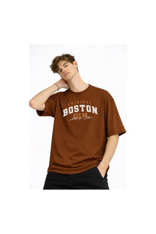 Misa Tahtakale Boston - Baskılı Oversize Tişört Kahve Çok Renkli