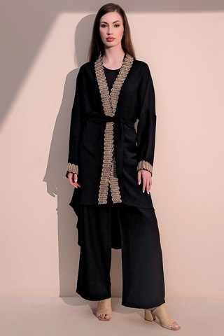 Kadın Siyah Şık Hasır Detaylı Kuşaklı Salaş Kimono - Tesettüre Uygun Siyah