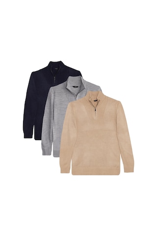 Erkek 3'lü Paket Taş-açık Gri-lacivert Slim Fit Dar Kesim Fermuarlı Dik Yaka Triko Kazak-41816 Çok Renkli