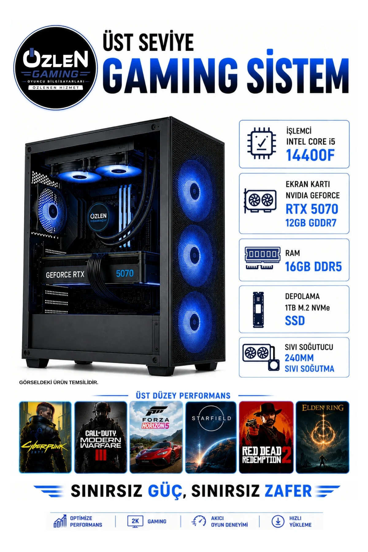 Özlen XL1 OZLN-INTEL14-5070-16-1000 i5-14400F 12 GB 16 GB 1 TB SSD RTX 5070 W11P Masaüstü Oyuncu Bilgisayarı