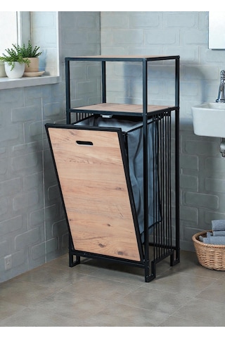 Dekoratif Kirli Sepetli Banyo Dolabı Ahşap Raflı Metal Gövdeli 2 Raflı Çamaşır Sepeti Banyo Düzenleyici Organizer Siyah