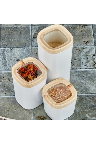 Ceylin Mugiss Saklama Kabı Ahşap Kaplama Beyaz 3'Lü Set 1800 - 1000 - 600 ML Beyaz